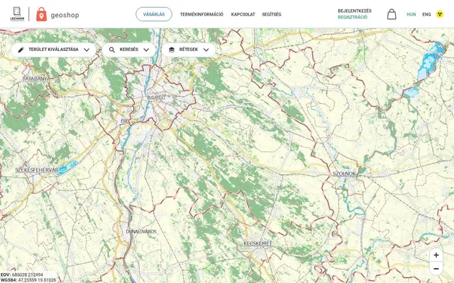 A geoshop.hu vásárlási térképe Magyarország közigazgatási határaival és a területkiválasztás, keresés és rétegek vezérlőivel